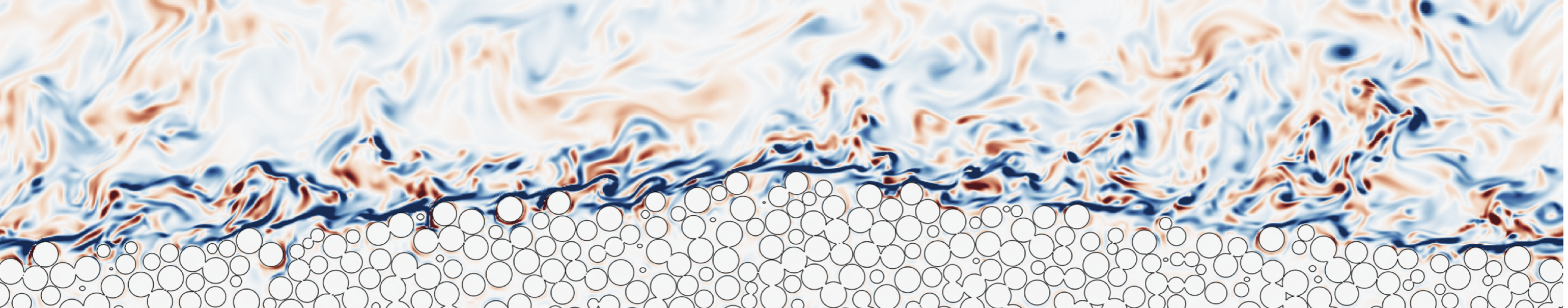 Direct numerical simulation of turbulent hyporheic exchange: spanwise vorticity field over a rough, permeable sediment bed.