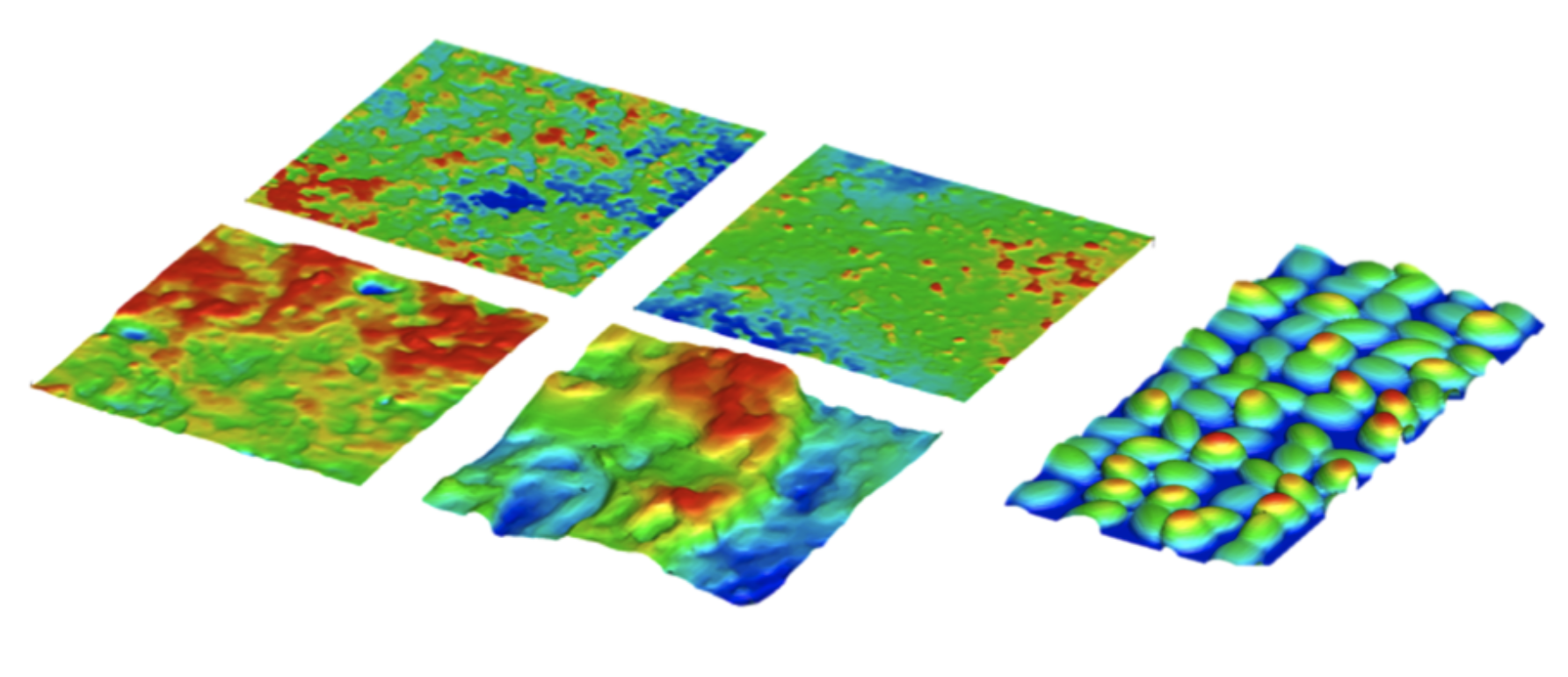 Several resolved rough-surface height fields from the roughness-resolved DNS database.